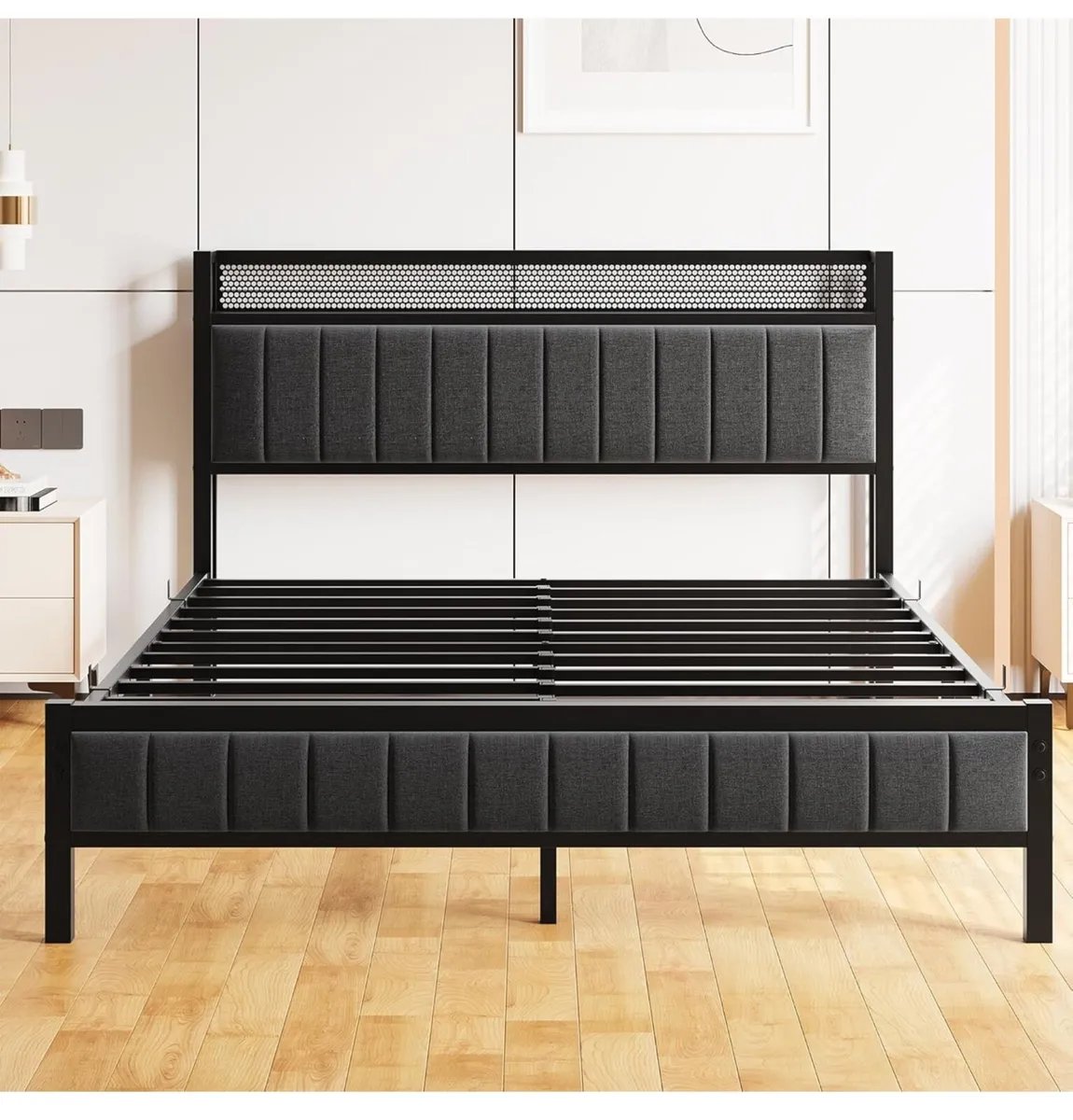 King Size Bed Frame with Storage Wooden Headboard - Image 4