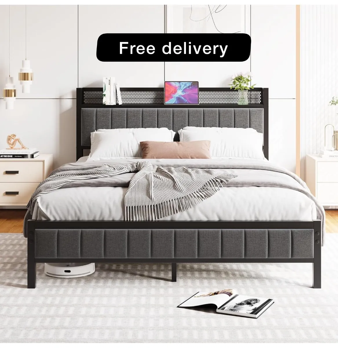King Size Bed Frame with Storage Wooden Headboard - Image 1