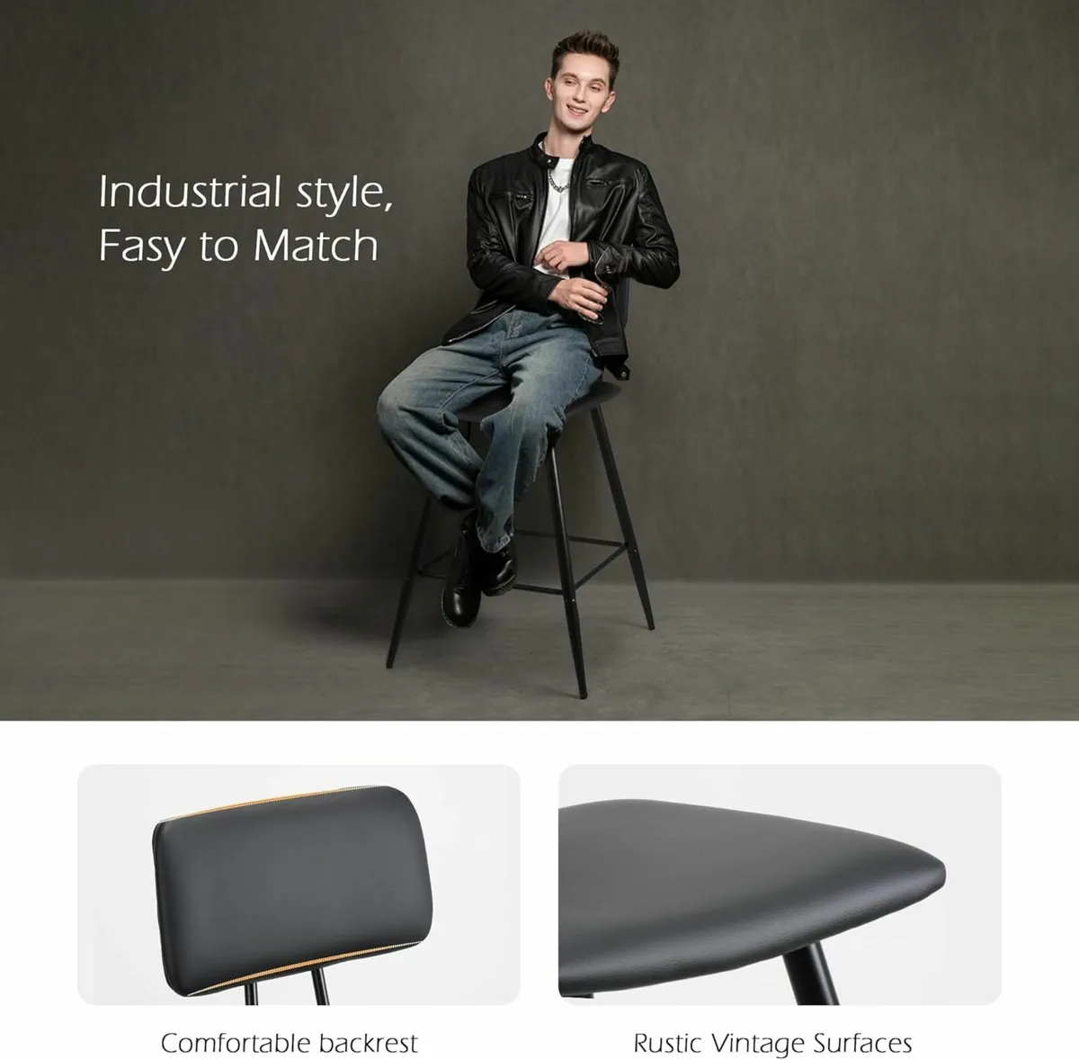 Set of 2 Bar Stools,PU Leather Black  Bars - Image 3