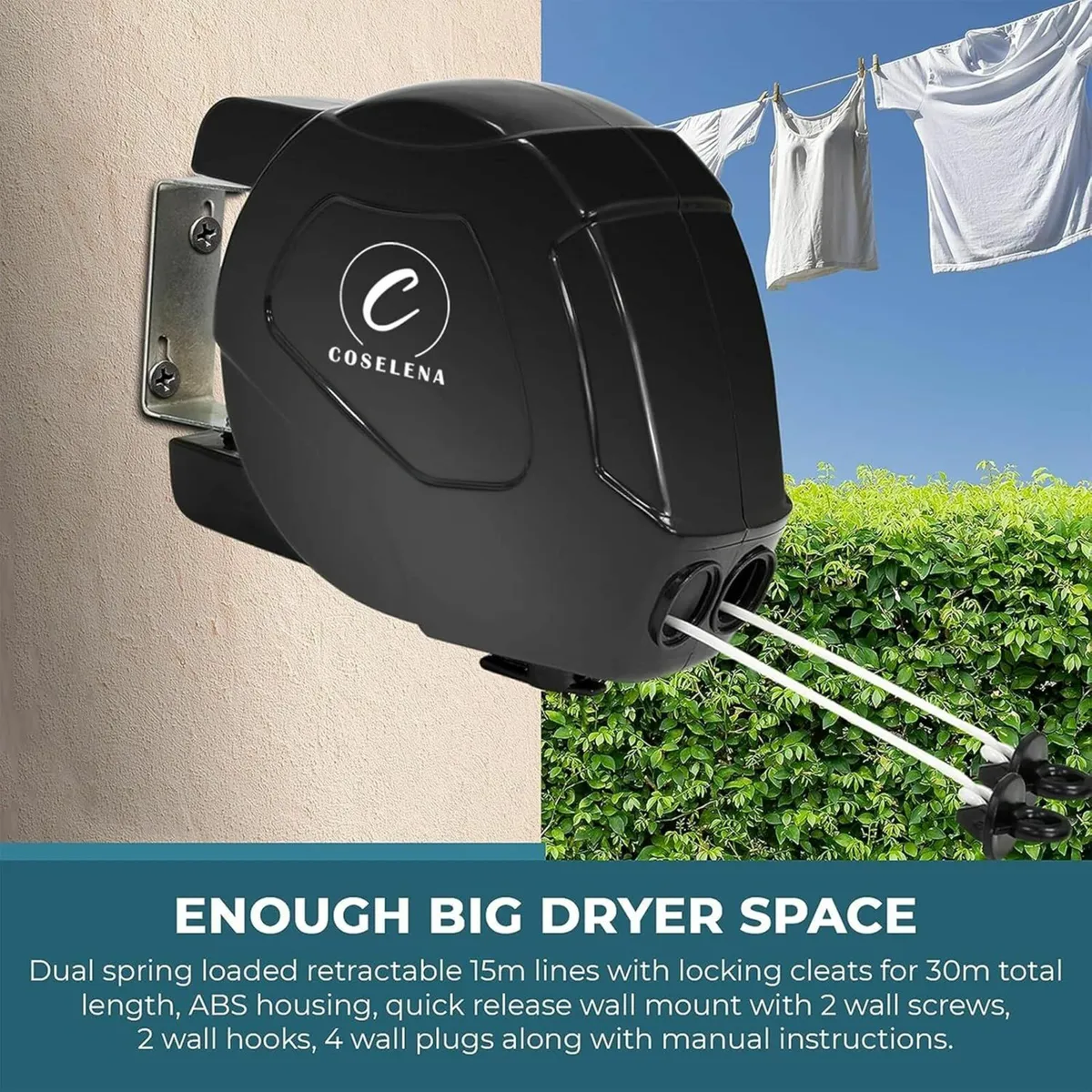 30m Retractable Washing Line Heavy-Duty black - Image 4
