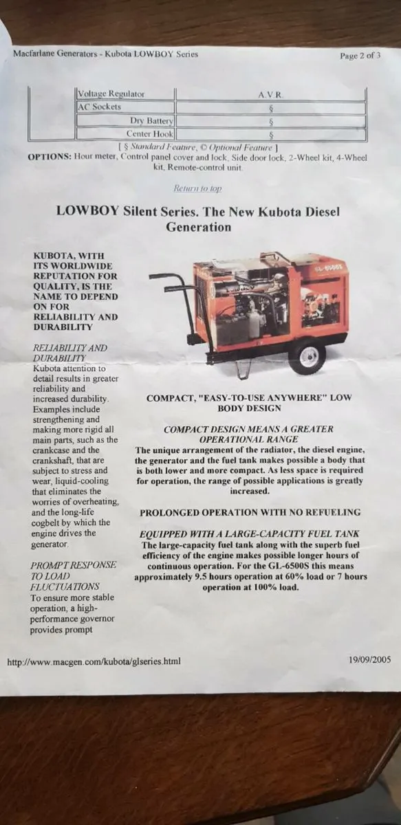 Kubota generator Lowboy GL6500S 6.5kva - Image 3