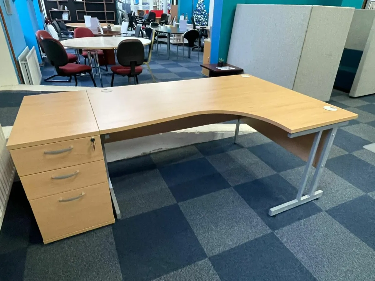 BRAND NEW Beech Radial Desk & Pedestal Set - 1600 - Image 1