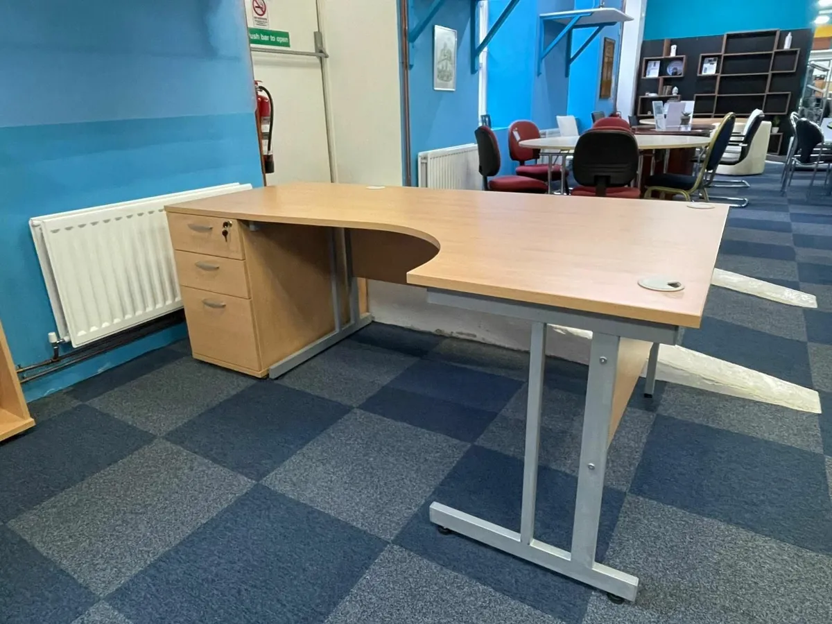 BRAND NEW Beech Radial Desk & Pedestal Set - 1600 - Image 3