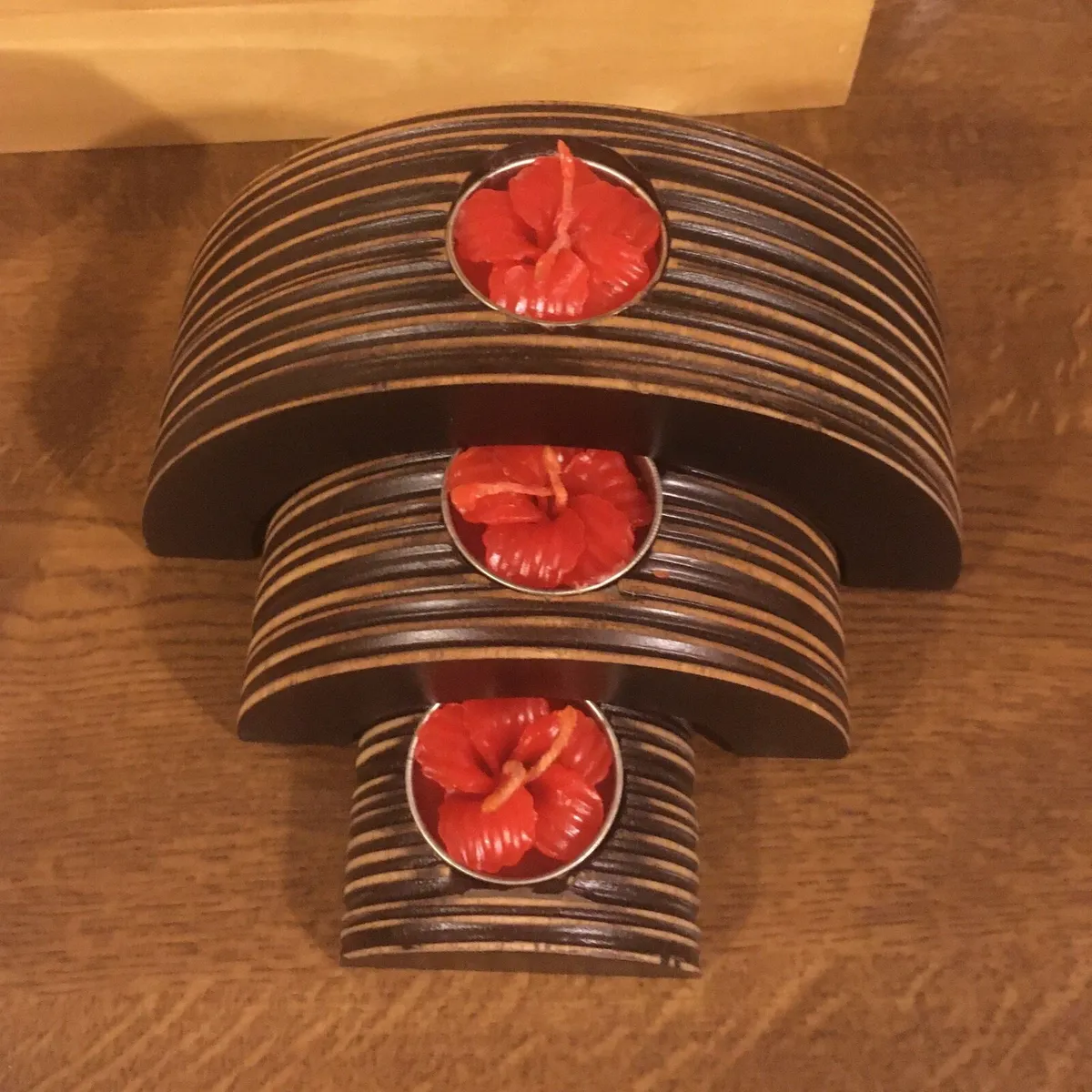 BRAND NEW Set of 3 Wooden Candle Holders in Box - Image 2