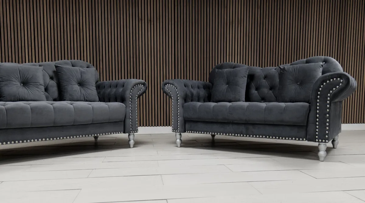 Elegance 3+2 Grey Plush Fabric Sofa Set - Image 2