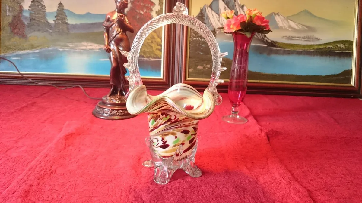 10.75 In. Tall Murano Millefiori Art Glass Basket - Image 2