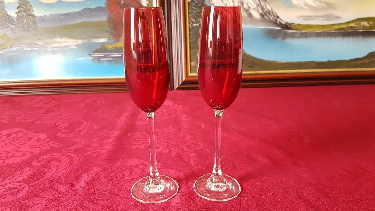 Pair Of Ruby Red Stemmed Toasting Champagne Flutes - Image 1