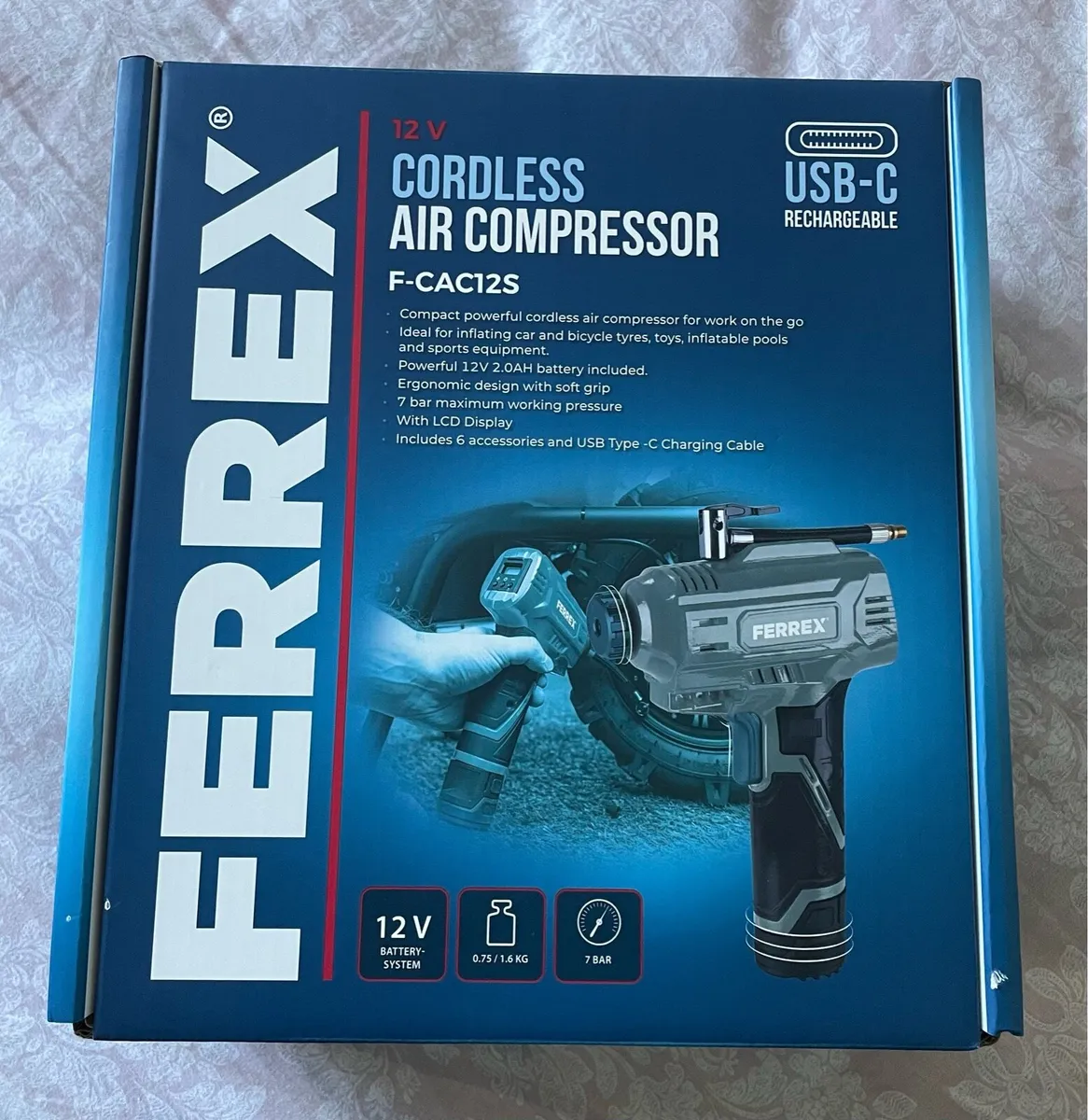 FERREX 12V CORDLESS AIR COMPRESSOR BRAND NEW - Image 1