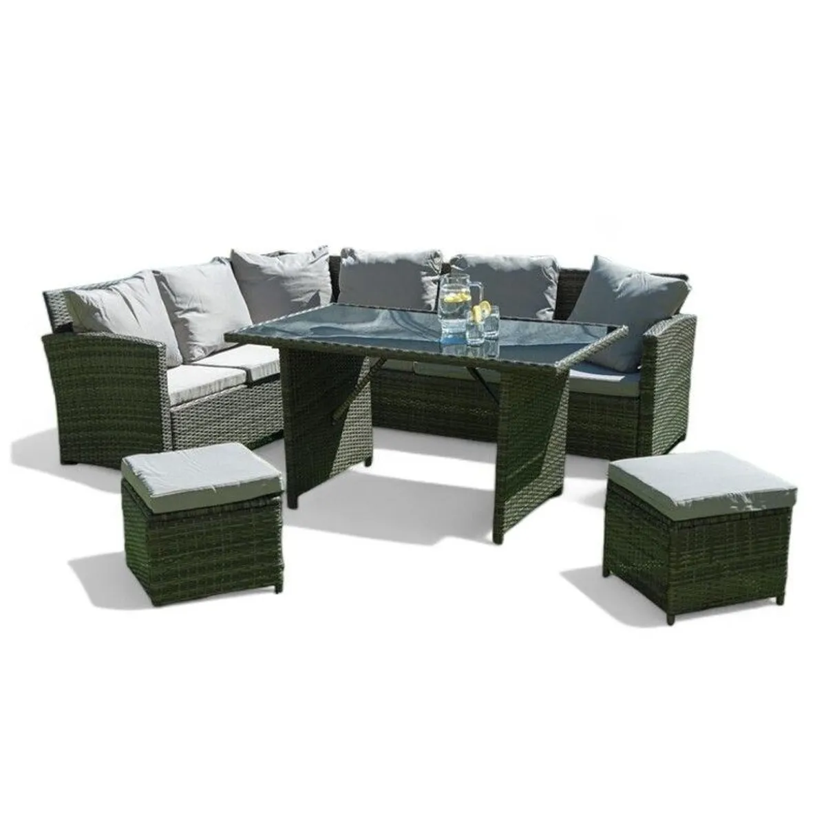 GREAT DEAL Rattan Corner Sofa Set + Dining Table + Poufs - Image 1
