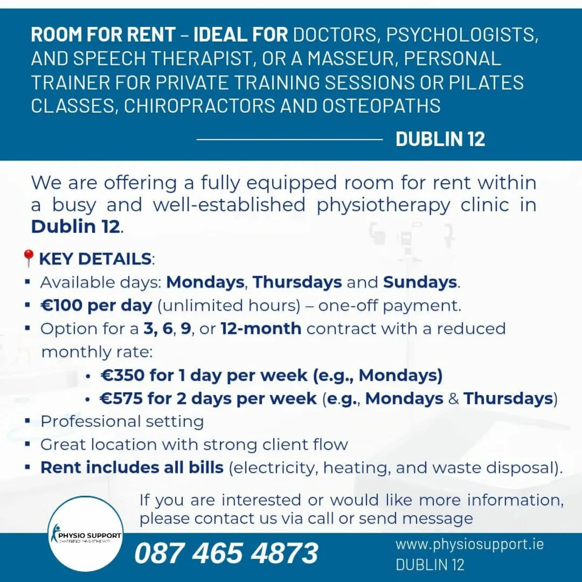 Room at Physiotherapy Clinic for rent - DUBLIN 12 - Image 2