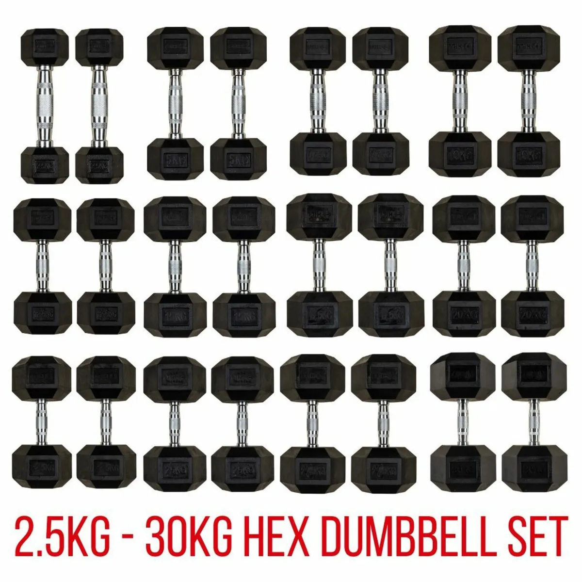 Rubber Hex Dumbbell Set 2.5kg - 30kg - Weights Gym - Image 1