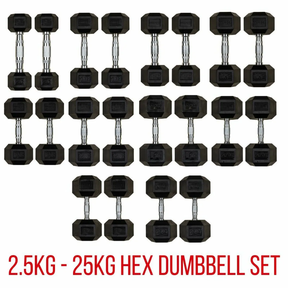 Rubber Hex Dumbbell Set 2.5kg - 25kg - Weights Gym - Image 1