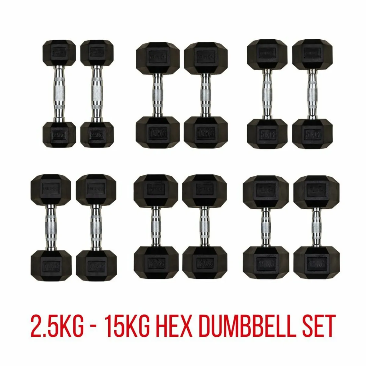 Rubber Hex Dumbbell Set 2.5kg - 15kg - Gym - Image 1
