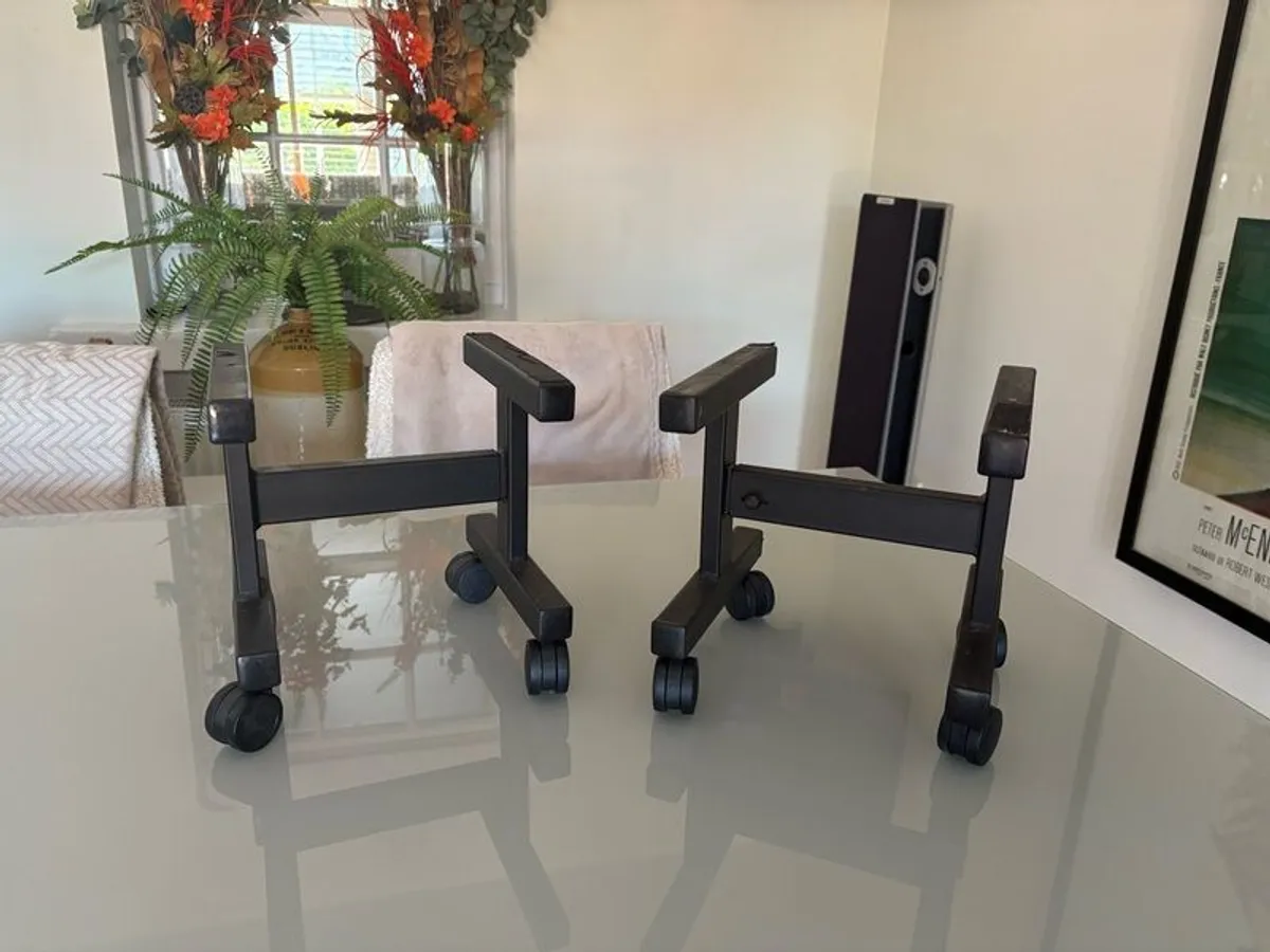 Vintage low trolley stands. Adjustable width. Nice  condition.  Rare item.  Suit large speakers - Rogers, Harbeth, Tannoy, Splendor, etc. come apart so easily posted. Bargain! - Image 1