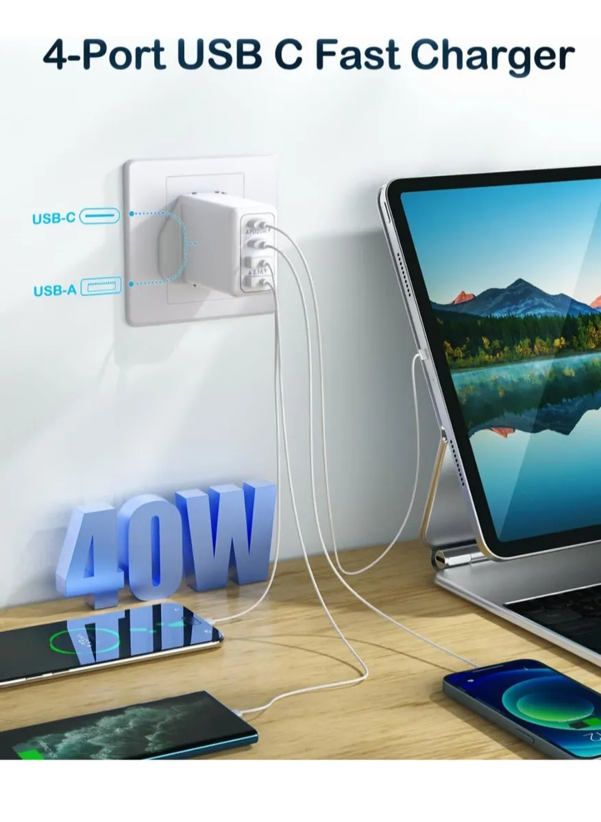 Charger USB C Plug, 40W 4-Port Fast Charger Plug - Image 3