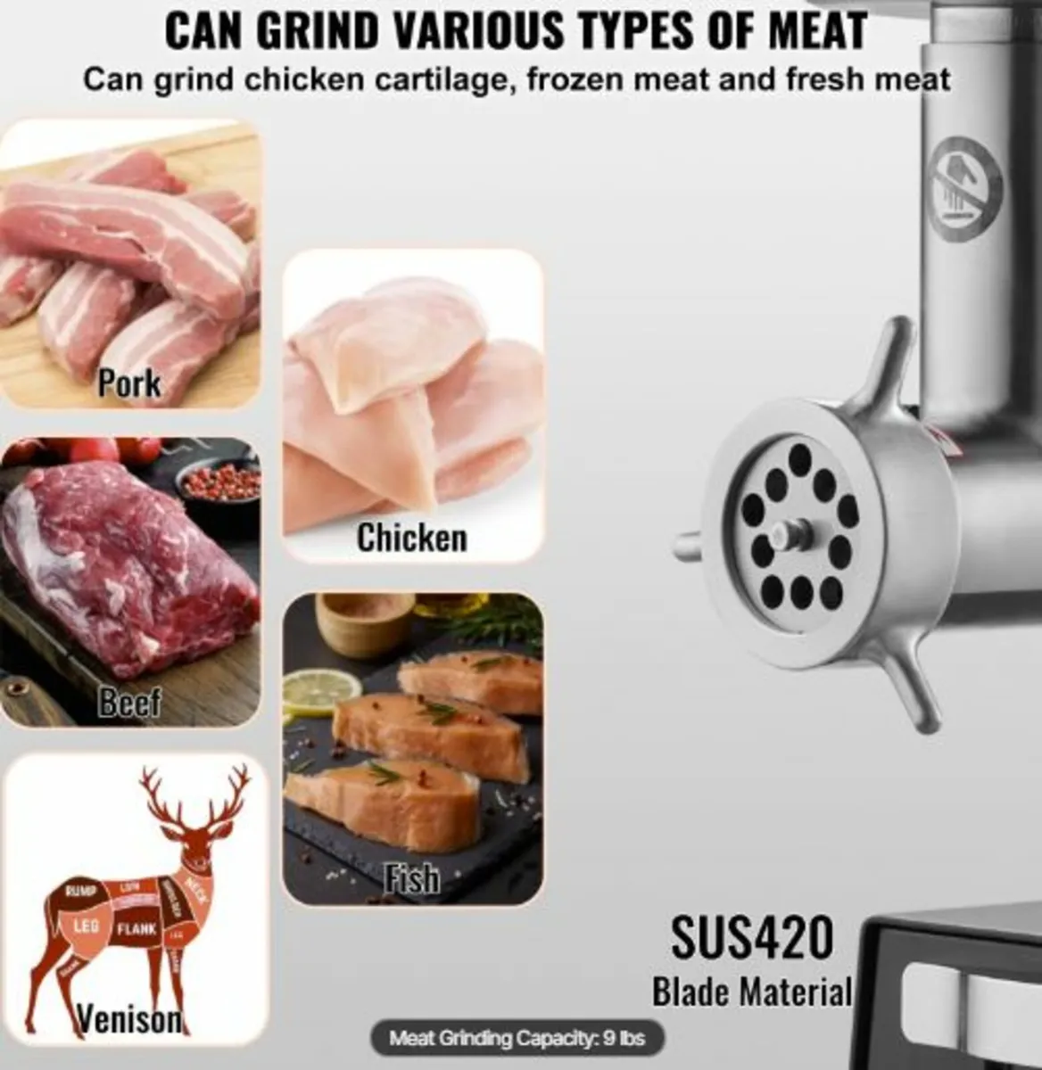 Commercial Electric Meat Grinder 9 Lbs/Min Sausage - Image 4
