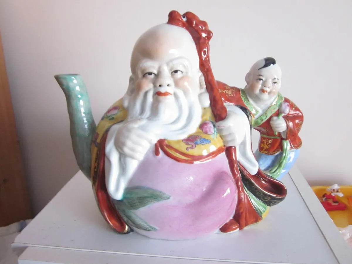 Antique  Chinese Pottery Shou Lau and Boy Teapot - Image 1