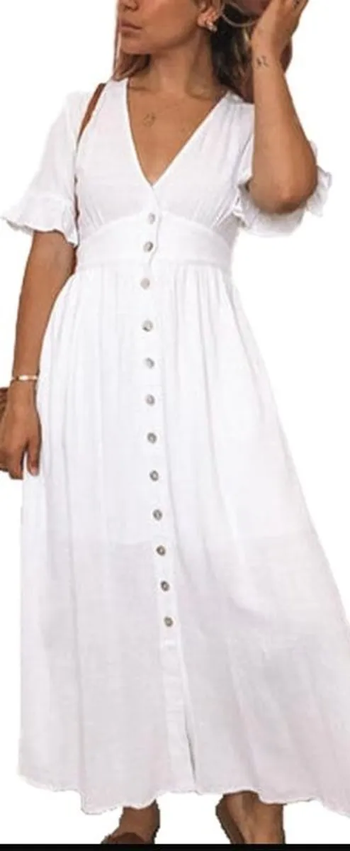 White midi dress  button Down Ruffle Cotton Linen - Image 1