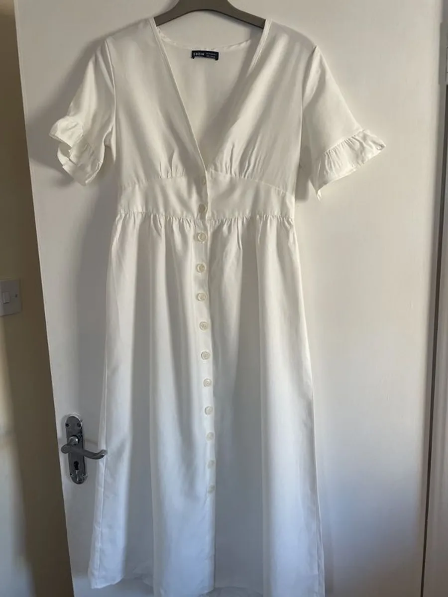 White midi dress  button Down Ruffle Cotton Linen - Image 2
