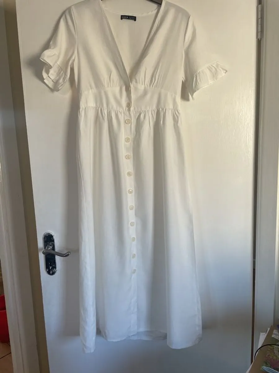 White midi dress  button Down Ruffle Cotton Linen - Image 4