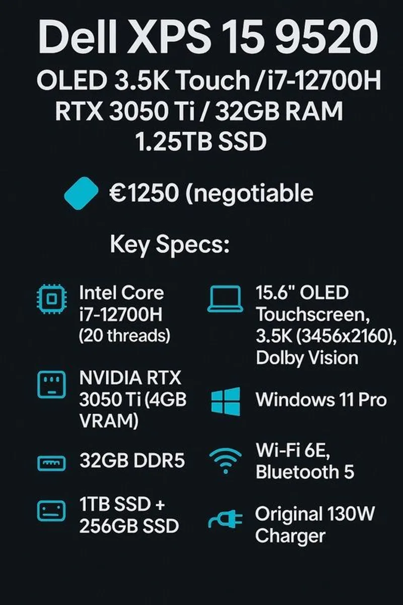 Dell Xps 15 9520 I7 1.25tb 32gb Ram Rtx 3050 Ti - Image 1