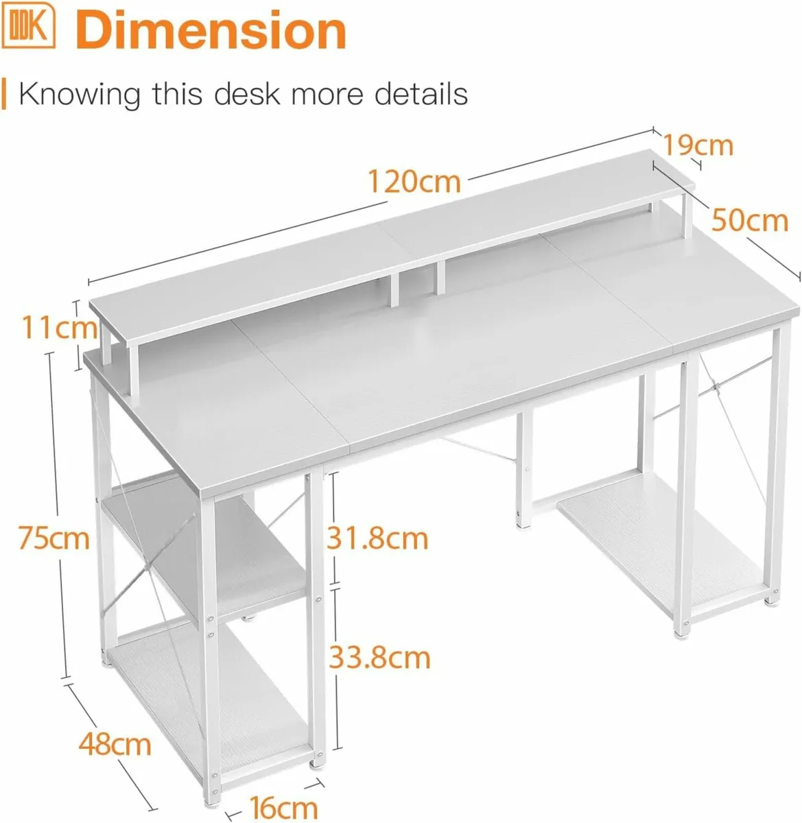 Computer Desk Shelves 120x50cm Gaming Desk white - Image 3