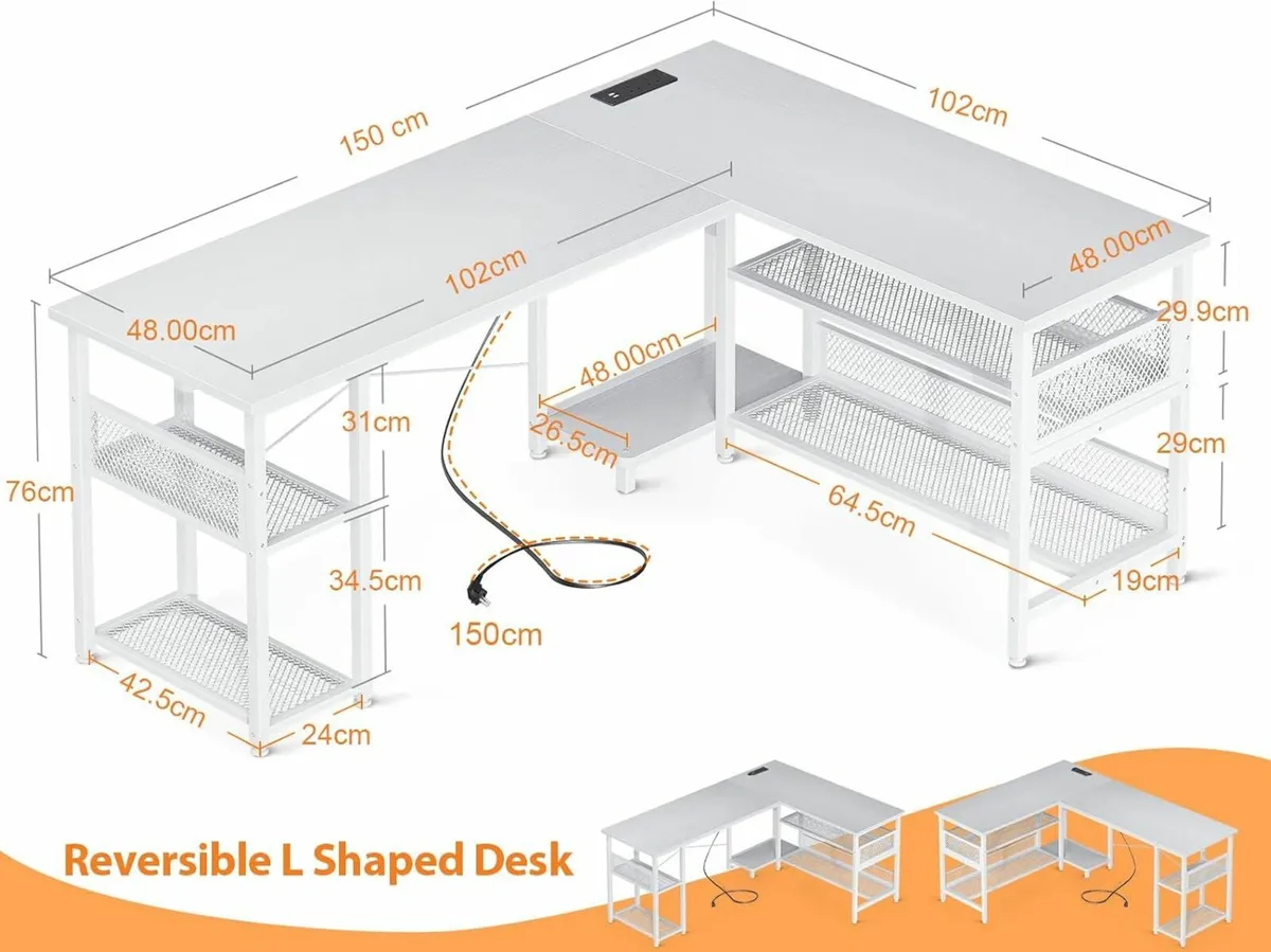 Gaming Desk, 150x102cm Home Office, White - Image 4