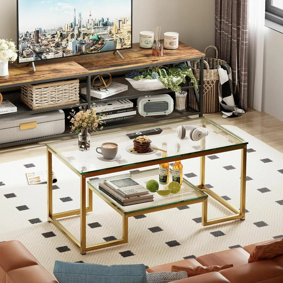2 Tier Coffee TableLiving Room Table Gold 100x45cm - Image 1