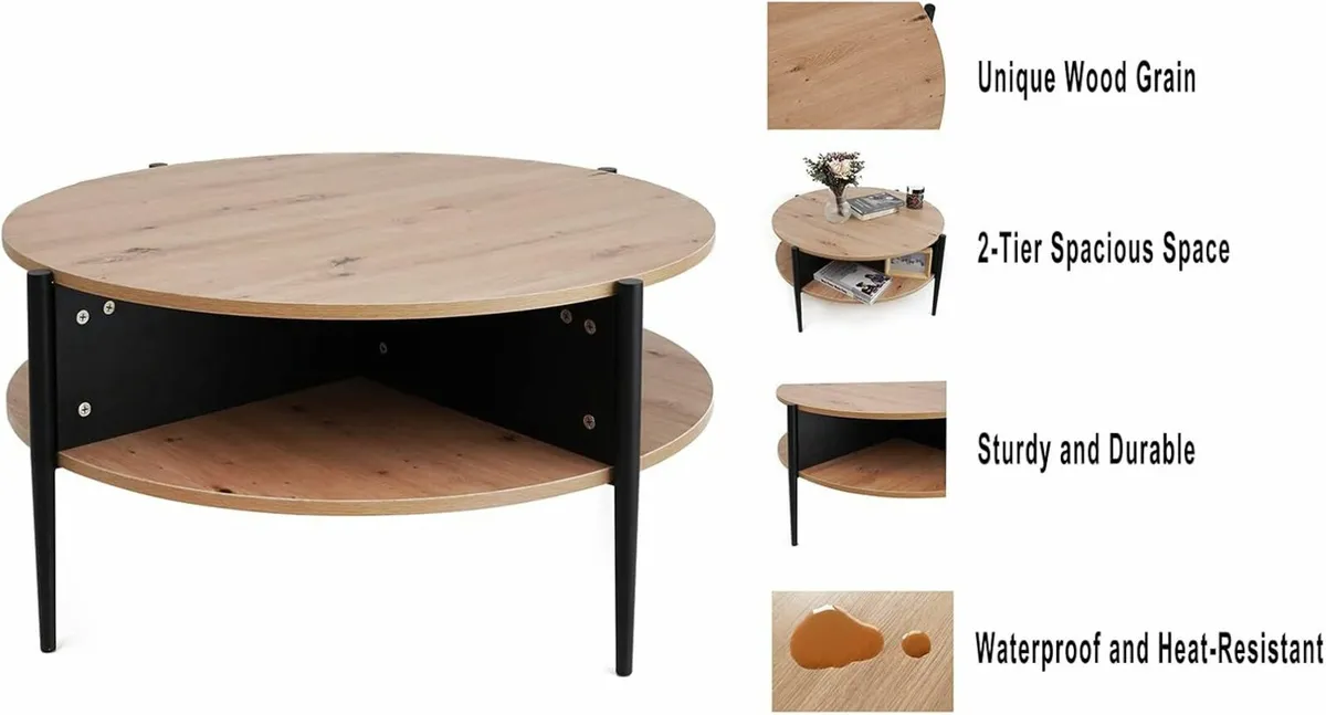 Wood Round Coffee Table 2-Tier Storage Living Room - Image 4