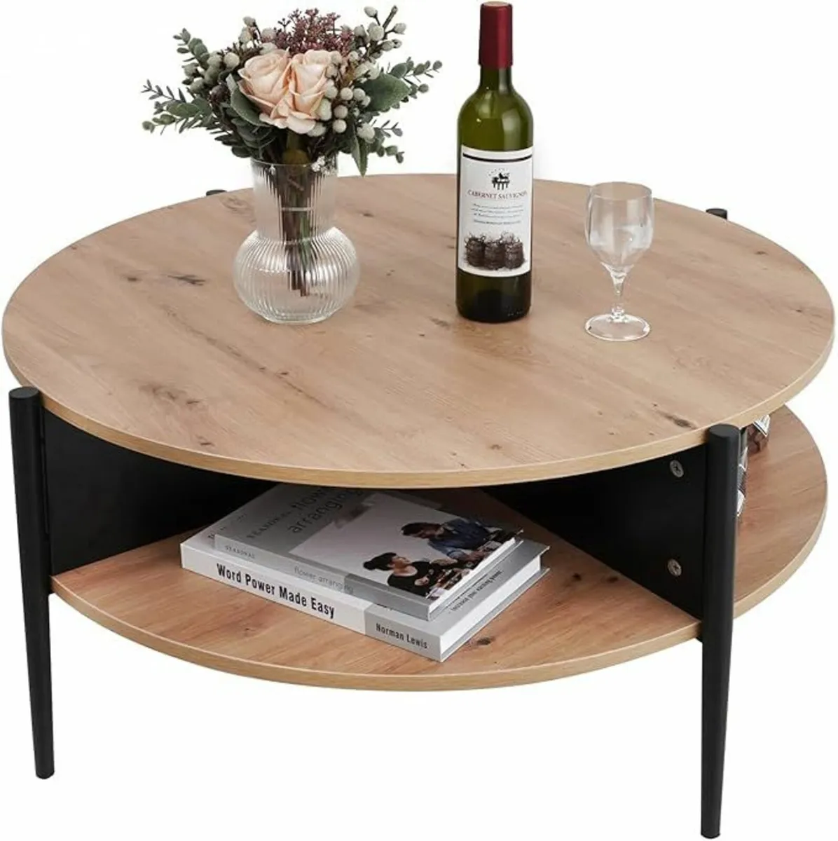 Wood Round Coffee Table 2-Tier Storage Living Room - Image 1