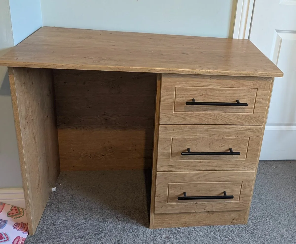 Oak Veneer Desk - Small Desk 3 Drawers - Image 1