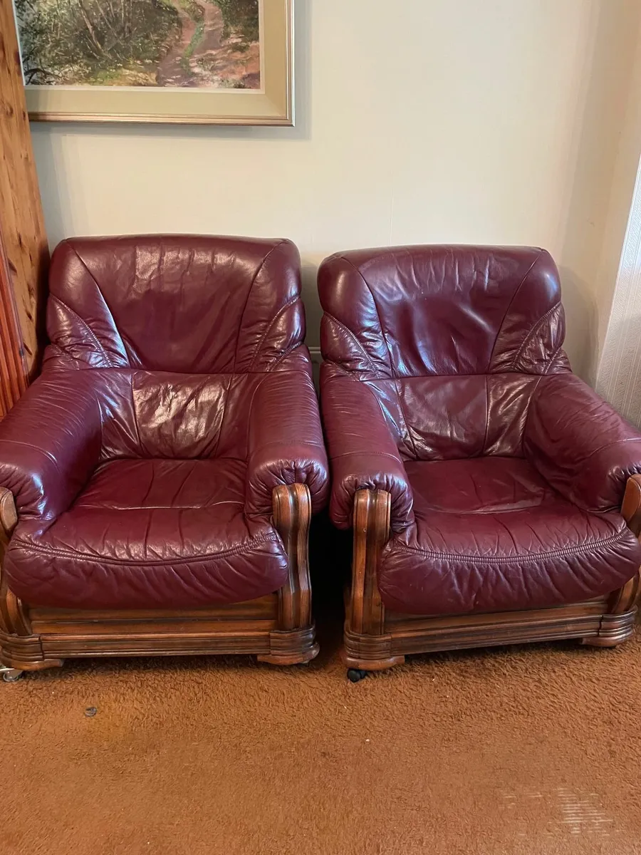 Pair of Vintage Burgundy Leather Armchairs with Wo - Image 1