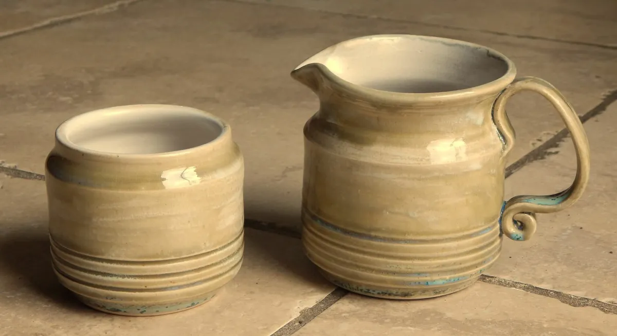 Studio Pottery Stamped Milk Jug & Sugar Bowl - Image 1
