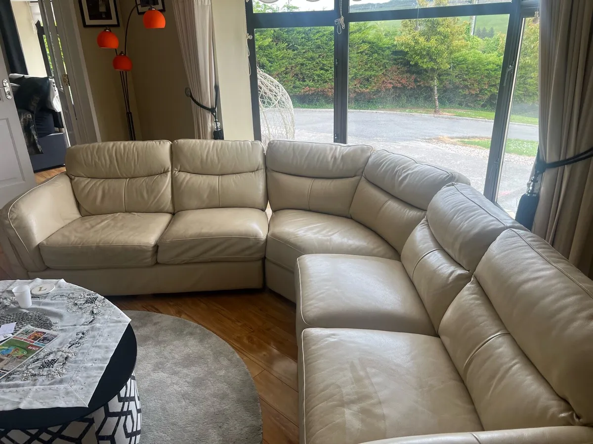 Leather couch - 3 piece corner - beige/cream - Image 1