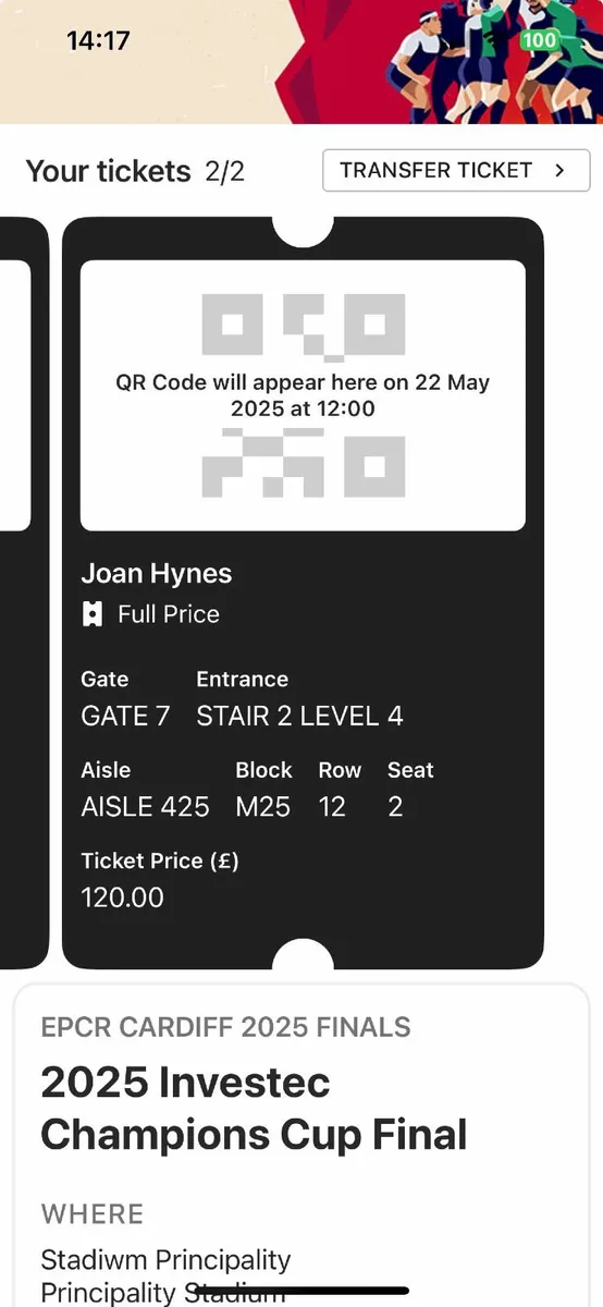 Two Rugby tickets ERC Final Cardiff 24th May - Image 1