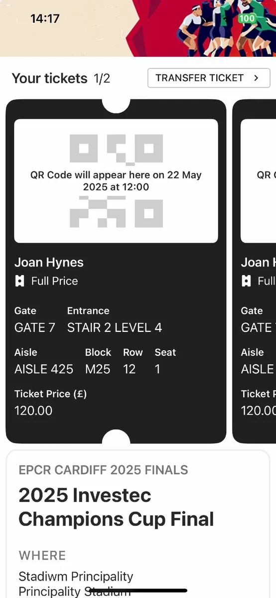 Two Rugby tickets ERC Final Cardiff 24th May - Image 2