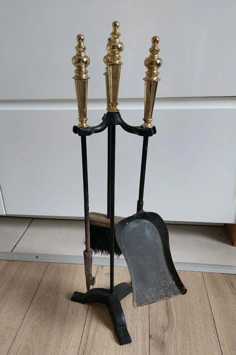 Mid Century Black and Brass Fireplace Tool Set - Image 1