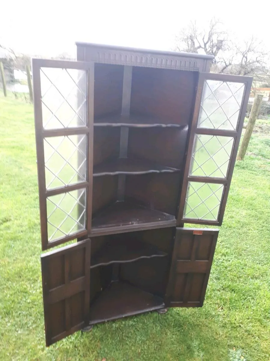 Antique Leaded Glass 4 Door Corner Cabinet - Image 3