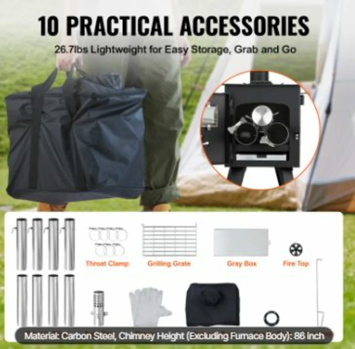 Wood Stove, 86 inch, Alloy Steel Camping Tent - Image 3