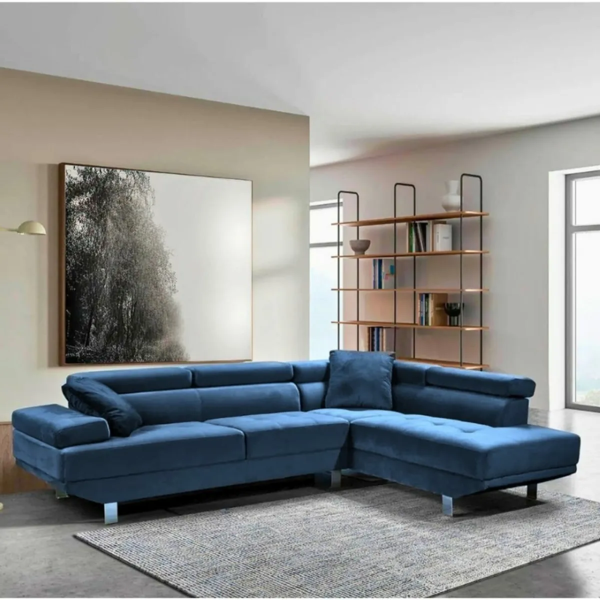 Blue Velvet Stylish Right Hand Facing Sofa - Image 1
