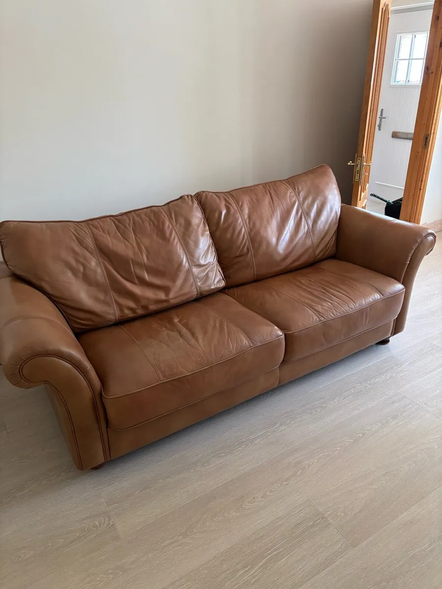 Tan leather couch and armchair - Image 1