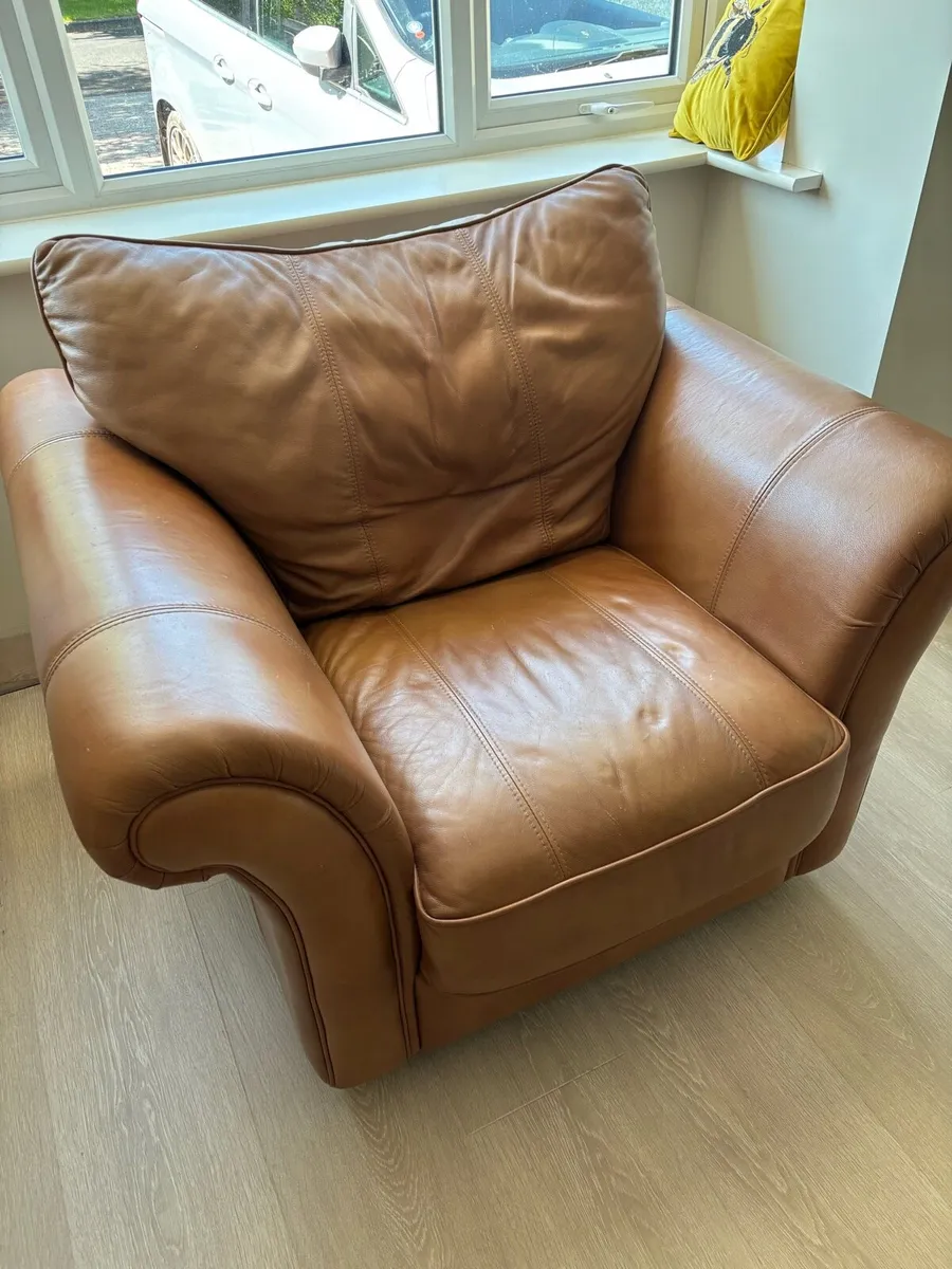 Tan leather couch and armchair - Image 2