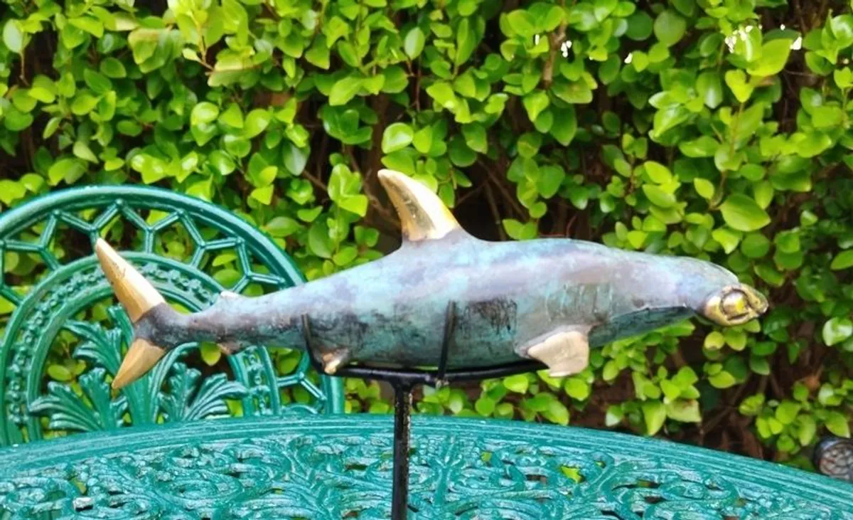 Hammerhead Shark On Stand - Patinated & Polished Bronze - Image 1