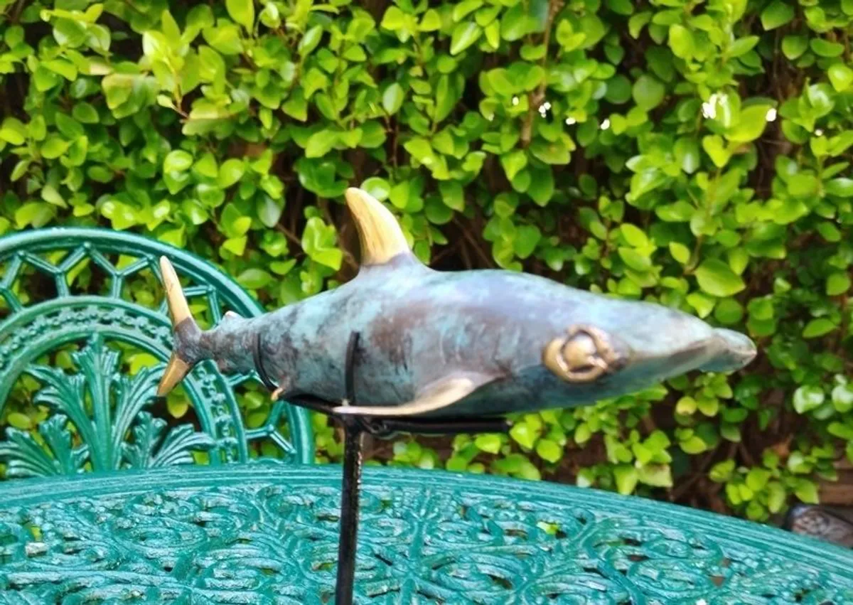 Hammerhead Shark On Stand - Patinated & Polished Bronze - Image 2
