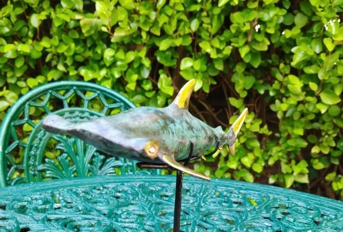 Hammerhead Shark On Stand - Patinated & Polished Bronze - Image 4