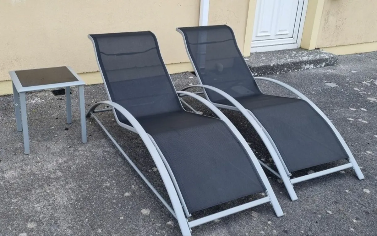 2 x Sun Bed Loungers & Side Coffee Garden Table - Image 1