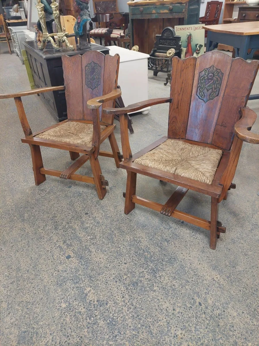 Pair arts crafts woven rope seat oak chairs - Image 1