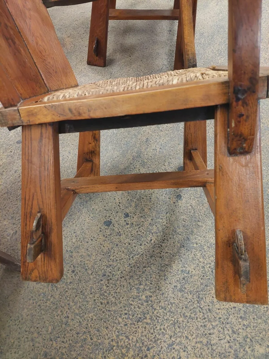 Pair arts crafts woven rope seat oak chairs - Image 3