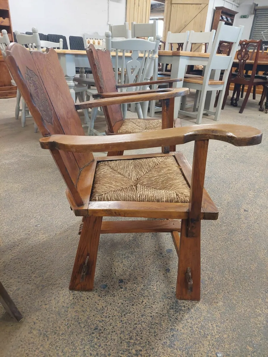 Pair arts crafts woven rope seat oak chairs - Image 4