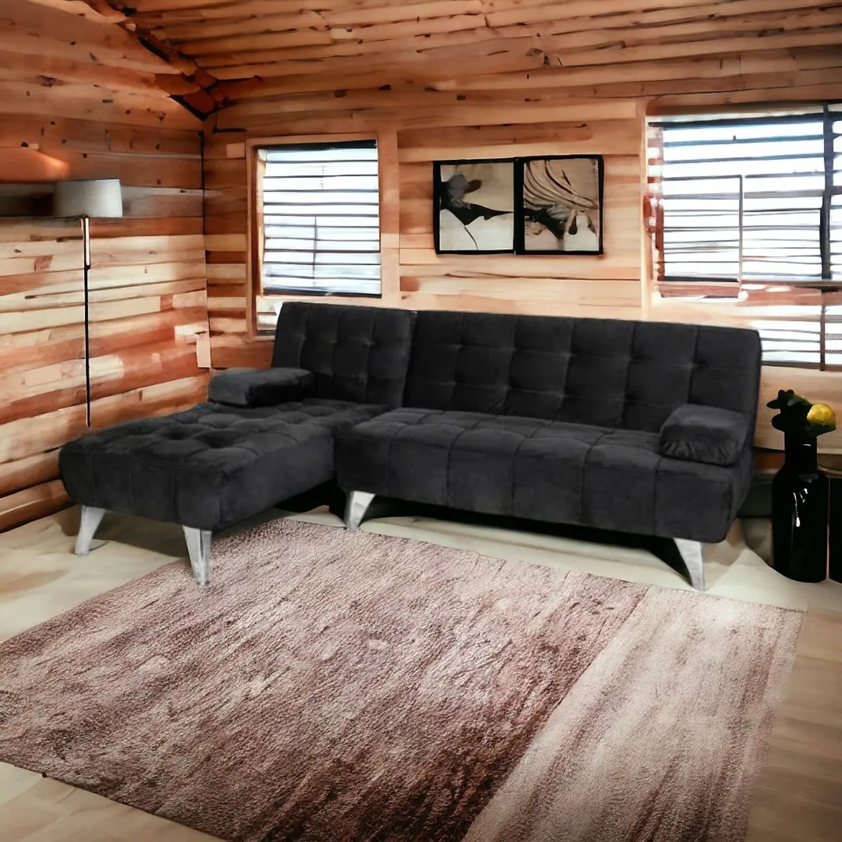 Black Velvet Corner Sofa Bed – L Shape Couch - Image 1